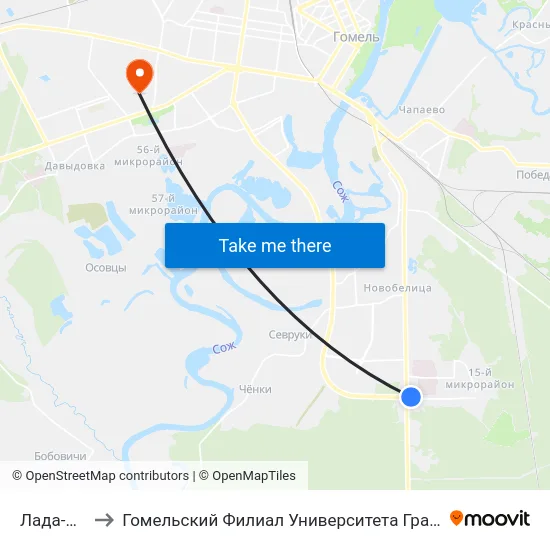 Лада-Сервис to Гомельский Филиал Университета Гражданской Защиты Мчс map
