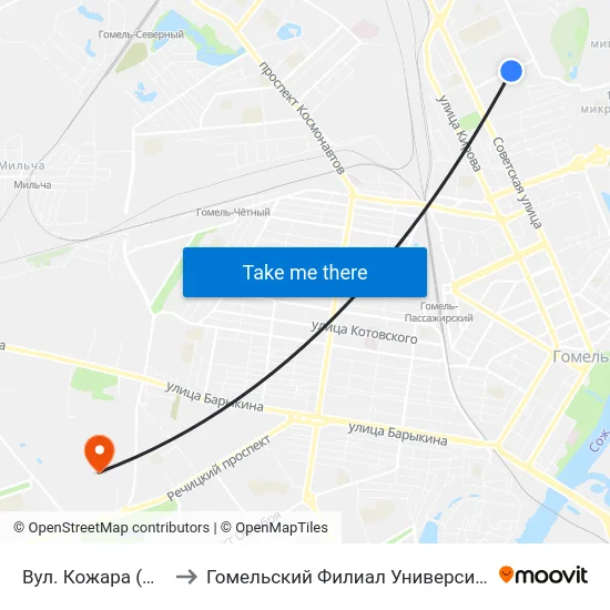 Вул. Кожара (Магазин «Океан») to Гомельский Филиал Университета Гражданской Защиты Мчс map