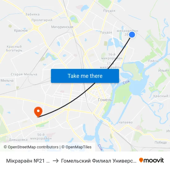 Мiкрараён №21 (Микрорайон № 21) to Гомельский Филиал Университета Гражданской Защиты Мчс map