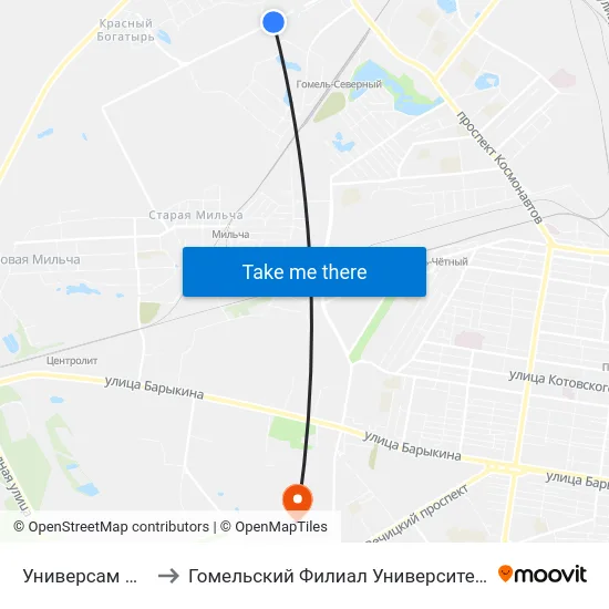 Универсам Облторгсоюза to Гомельский Филиал Университета Гражданской Защиты Мчс map