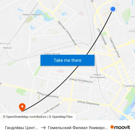Гандлёвы Цэнтр (Торговый Центр) to Гомельский Филиал Университета Гражданской Защиты Мчс map