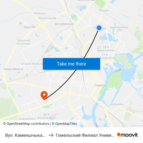 Вул. Каменшчыкава (Улица Каменщикова) to Гомельский Филиал Университета Гражданской Защиты Мчс map