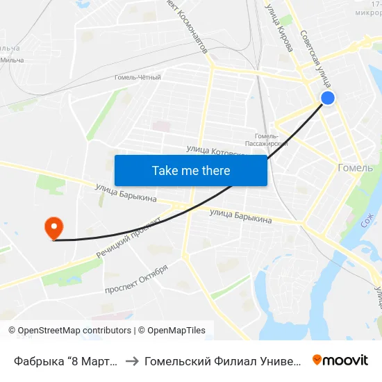 Фабрыка “8 Марта” (Фабрика «8 Марта») to Гомельский Филиал Университета Гражданской Защиты Мчс map