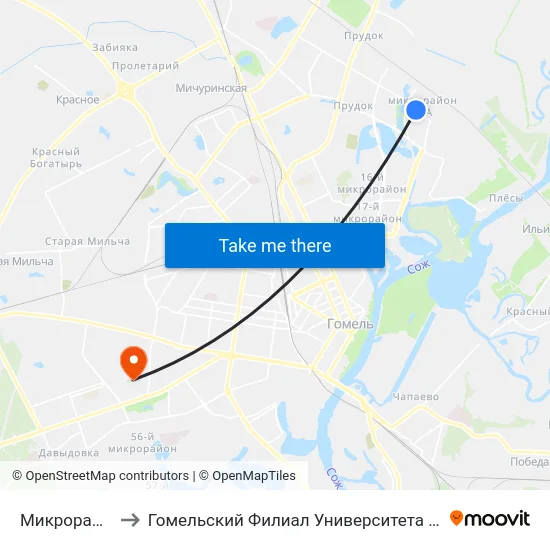 Микрорайон № 20а to Гомельский Филиал Университета Гражданской Защиты Мчс map