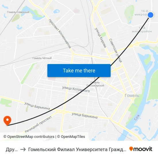 Дружба to Гомельский Филиал Университета Гражданской Защиты Мчс map