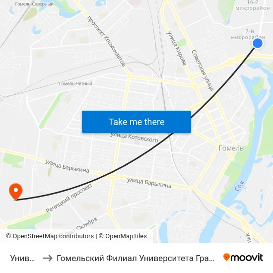 Универсам to Гомельский Филиал Университета Гражданской Защиты Мчс map