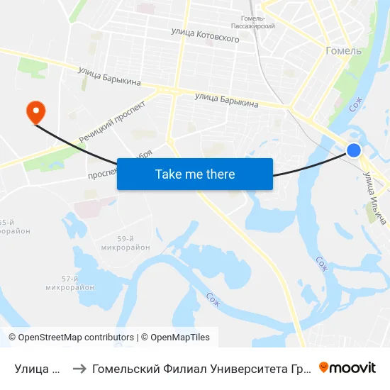 Улица Луговая to Гомельский Филиал Университета Гражданской Защиты Мчс map