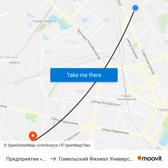 Предприятие «Гомельводоканал» to Гомельский Филиал Университета Гражданской Защиты Мчс map