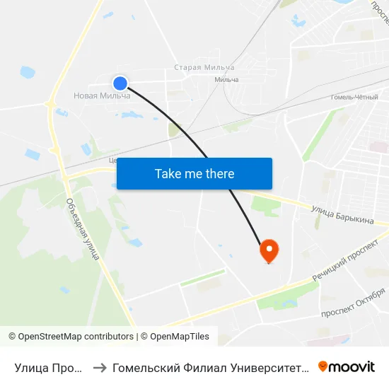Улица Промышленная to Гомельский Филиал Университета Гражданской Защиты Мчс map