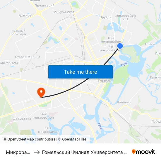 Микрорайон № 18 to Гомельский Филиал Университета Гражданской Защиты Мчс map