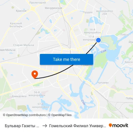 Бульвар Газеты «Гомельская Правда» to Гомельский Филиал Университета Гражданской Защиты Мчс map