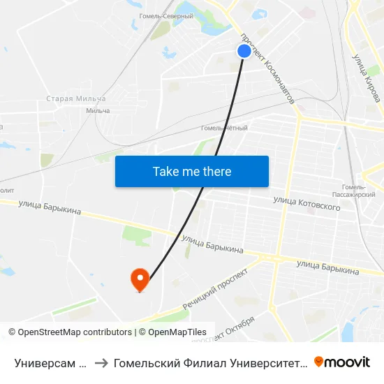 Универсам «Северный» to Гомельский Филиал Университета Гражданской Защиты Мчс map