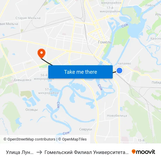 Улица Луначарского to Гомельский Филиал Университета Гражданской Защиты Мчс map