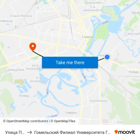 Улица Пугачёва to Гомельский Филиал Университета Гражданской Защиты Мчс map