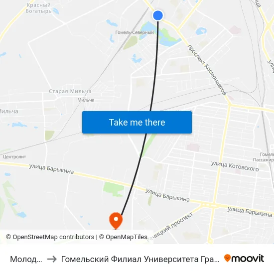 Молодёжная to Гомельский Филиал Университета Гражданской Защиты Мчс map