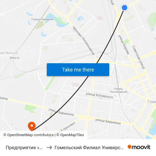 Предприятие «Гомельводоканал» to Гомельский Филиал Университета Гражданской Защиты Мчс map