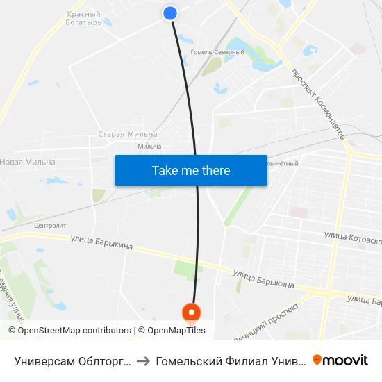 Универсам Облторгсоюза (Высадка На Кольце) to Гомельский Филиал Университета Гражданской Защиты Мчс map