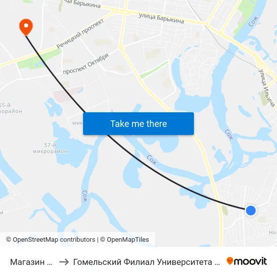 Магазин «Южный» to Гомельский Филиал Университета Гражданской Защиты Мчс map