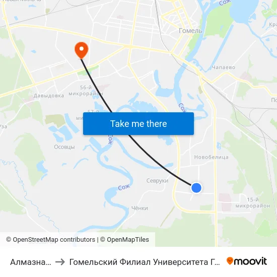 Алмазная Улица to Гомельский Филиал Университета Гражданской Защиты Мчс map