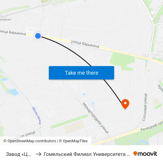Завод «Центролит» to Гомельский Филиал Университета Гражданской Защиты Мчс map