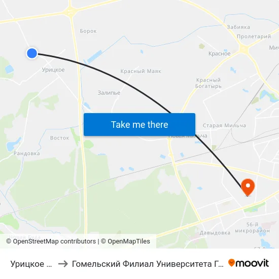 Урицкое (Кольцо) to Гомельский Филиал Университета Гражданской Защиты Мчс map