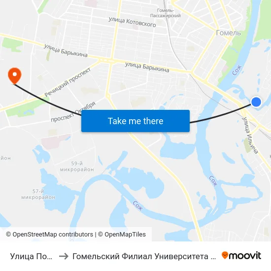 Улица Полевая — 2 to Гомельский Филиал Университета Гражданской Защиты Мчс map