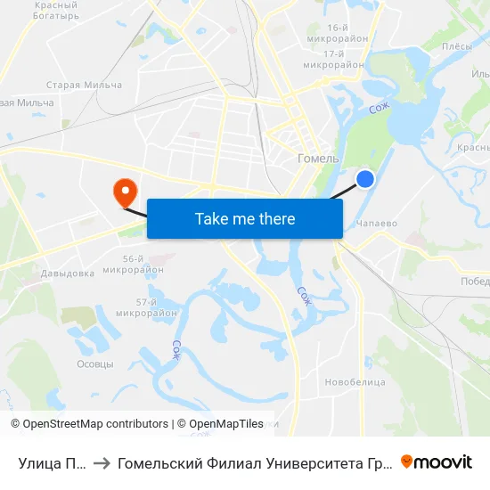 Улица Полевая to Гомельский Филиал Университета Гражданской Защиты Мчс map
