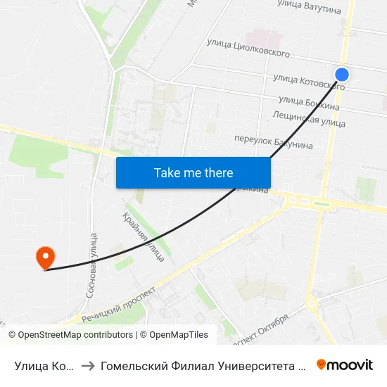 Улица Котовского to Гомельский Филиал Университета Гражданской Защиты Мчс map