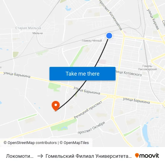 Локомотивное Депо to Гомельский Филиал Университета Гражданской Защиты Мчс map