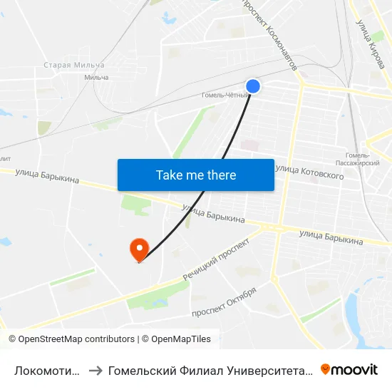 Локомотивное Депо to Гомельский Филиал Университета Гражданской Защиты Мчс map