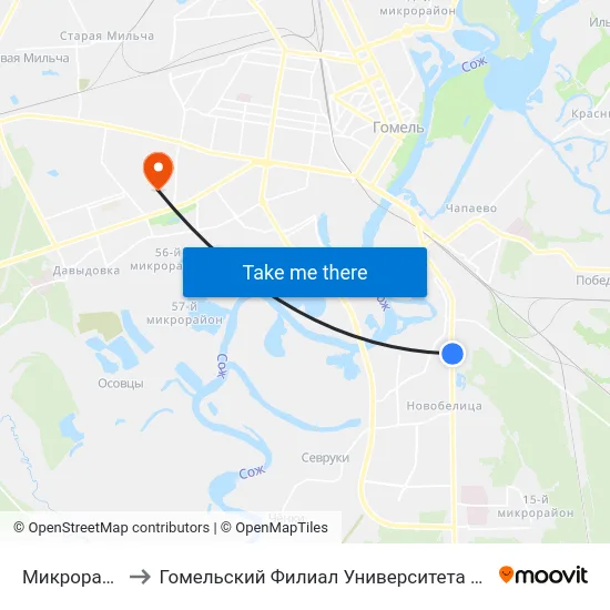 Микрорайон № 35 to Гомельский Филиал Университета Гражданской Защиты Мчс map