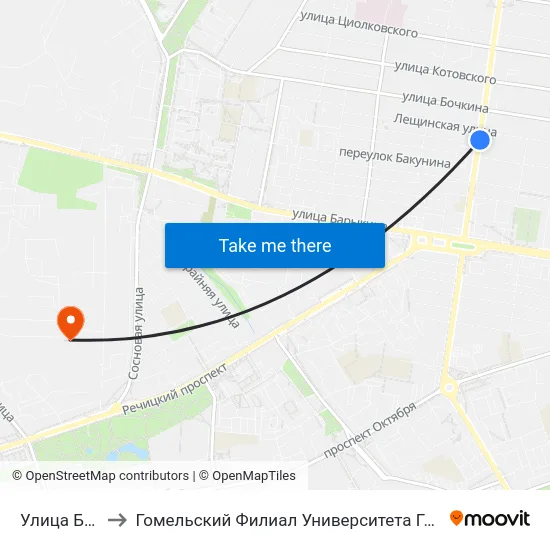 Улица Бакунина to Гомельский Филиал Университета Гражданской Защиты Мчс map