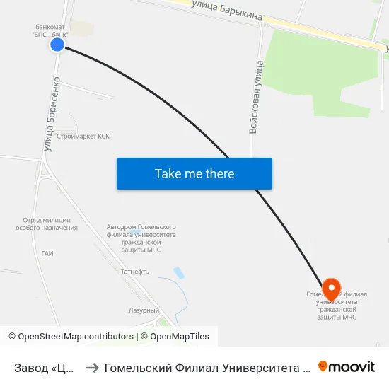 Завод «Центролит» to Гомельский Филиал Университета Гражданской Защиты Мчс map