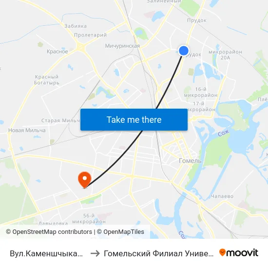 Вул.Каменшчыкава (Улица Каменщикова) to Гомельский Филиал Университета Гражданской Защиты Мчс map