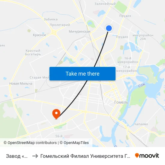 Завод «Коралл» to Гомельский Филиал Университета Гражданской Защиты Мчс map