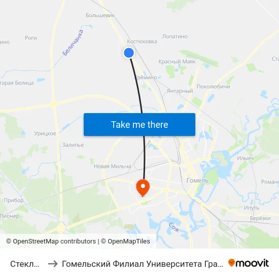 Стеклозавод to Гомельский Филиал Университета Гражданской Защиты Мчс map