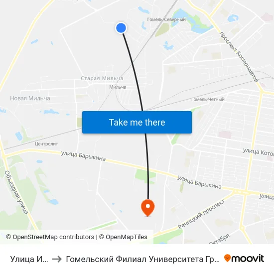 Улица Иванова to Гомельский Филиал Университета Гражданской Защиты Мчс map