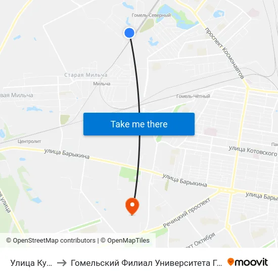 Улица Кунцевича to Гомельский Филиал Университета Гражданской Защиты Мчс map