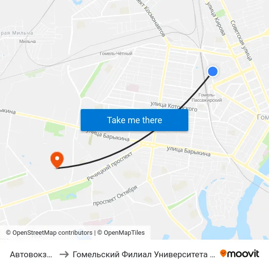 Автовокзал Гомель to Гомельский Филиал Университета Гражданской Защиты Мчс map