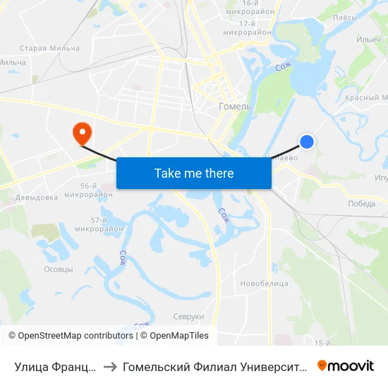 Улица Франциска Скорины to Гомельский Филиал Университета Гражданской Защиты Мчс map