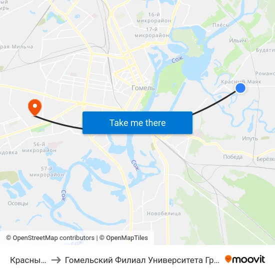 Красный Маяк to Гомельский Филиал Университета Гражданской Защиты Мчс map
