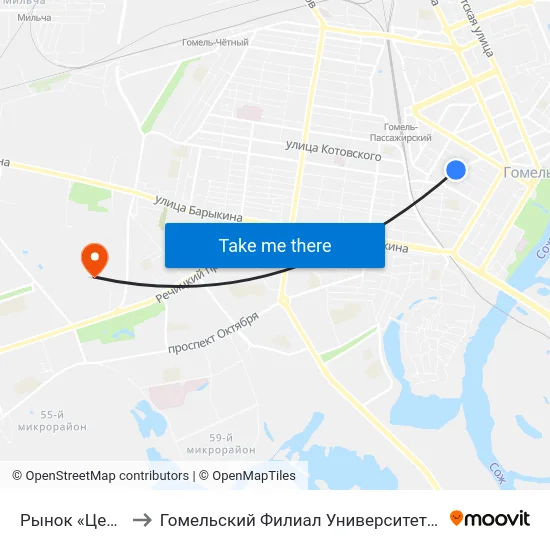 Рынок «Центральный» to Гомельский Филиал Университета Гражданской Защиты Мчс map