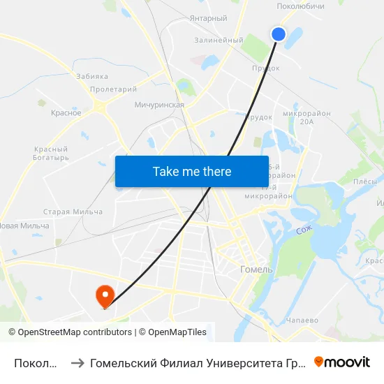 Поколюбичи-1 to Гомельский Филиал Университета Гражданской Защиты Мчс map