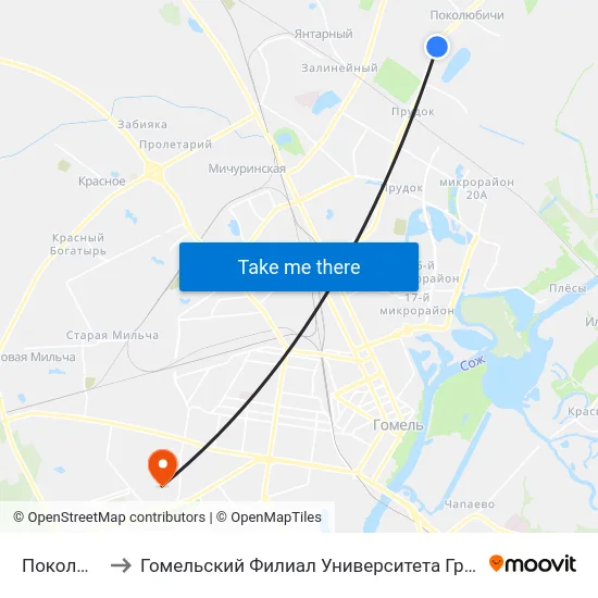 Поколюбичи-1 to Гомельский Филиал Университета Гражданской Защиты Мчс map