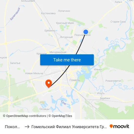 Поколюбичи-2 to Гомельский Филиал Университета Гражданской Защиты Мчс map