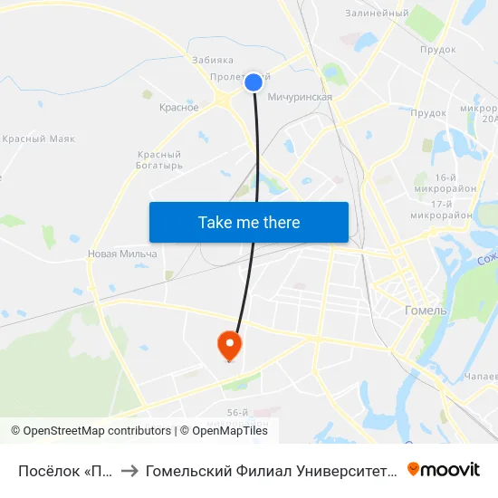 Посёлок «Пролетарий» to Гомельский Филиал Университета Гражданской Защиты Мчс map