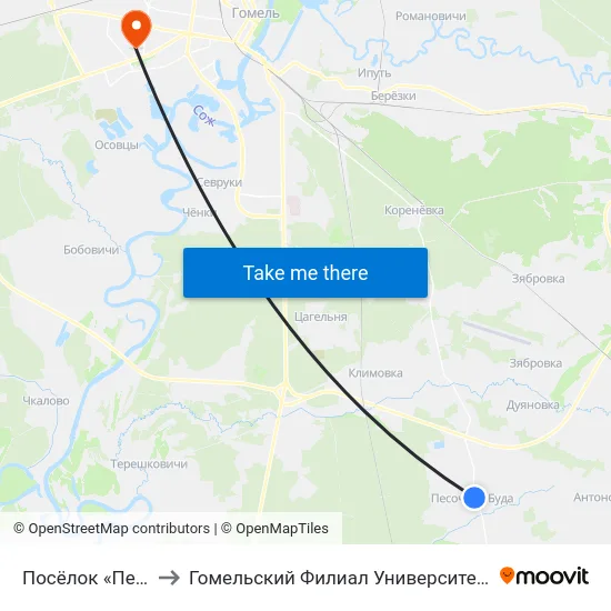Посёлок «Песочная Буда» to Гомельский Филиал Университета Гражданской Защиты Мчс map