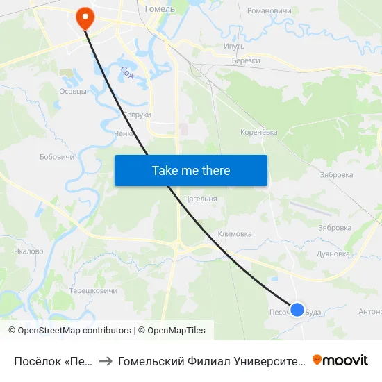 Посёлок «Песочная Буда» to Гомельский Филиал Университета Гражданской Защиты Мчс map