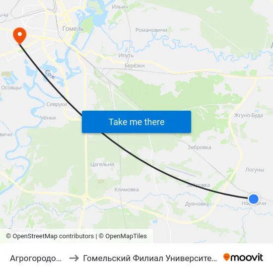 Агрогородок «Носовичи» to Гомельский Филиал Университета Гражданской Защиты Мчс map