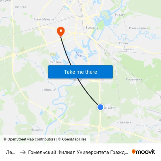 Лесная to Гомельский Филиал Университета Гражданской Защиты Мчс map